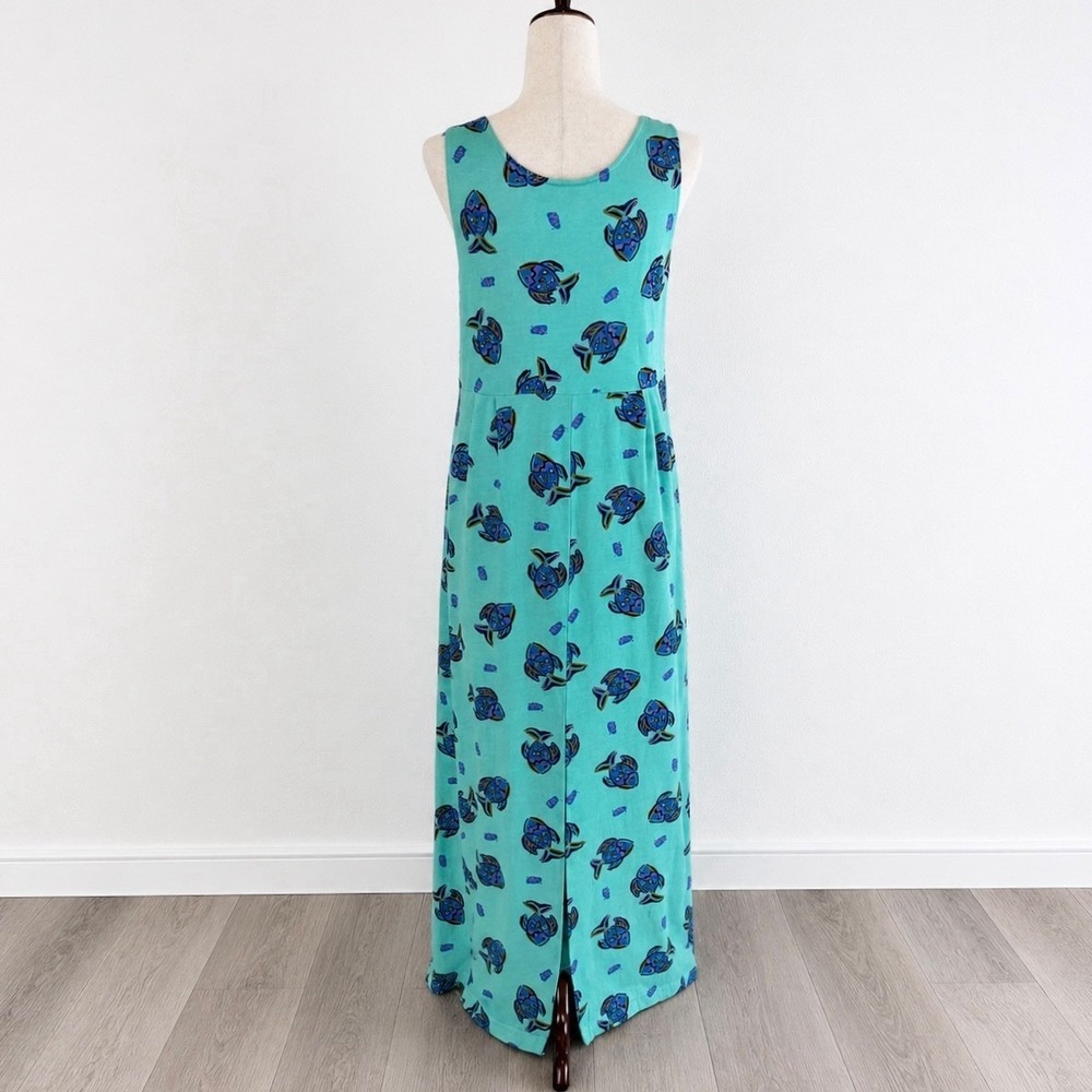 VTG Zip Code Dress Womens XL Green Fish Print Maxi 100% Cotton 90s Retro Beachy - Picture 4 of 8